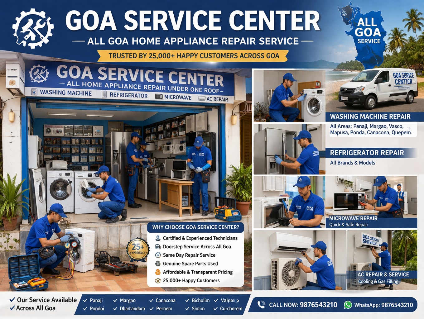 Goa Service Center, We Provide Comprehensive Repair Solutions for All Major Home Appliances, Regardless of the Brand or Model: While Many Repair Services Come and Go, Our 20-year Journey is Built on a Foundation of Technical Mastery and Customer Loyalty. We Use the Latest Technologies and Upgraded Tools to Repair the Damaged Part of the Washing Machine, Microwave Oven, Refrigerator, Ac, and Dish Washer Led/lcd Tv, Designed and Developed by Industry Leaders. In the Present Scenario, Home Appliance Repair Services is Not an Issue for the People Staying in Goa